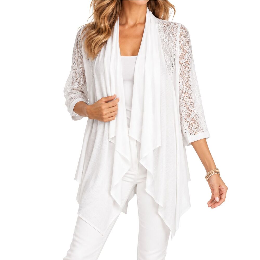 Alberto Makali Womens Cardigan M White Floral Lace Metallic Open Front Waterfall